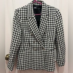 Zara black & white textured tweed houndstooth print double breasted blazer